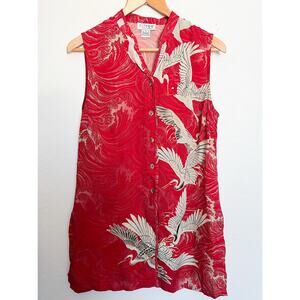 Citron Top Blouse Small Red Japanese Crane Button Sleeveless Tunic Sueded Rayon